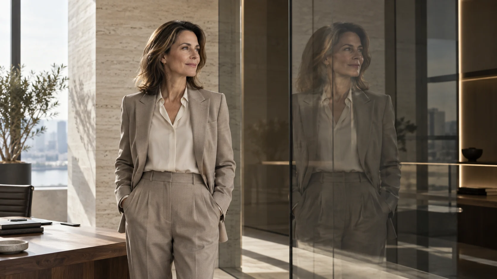 A professional and her aligned reflection representing Human Mode and AI Mode